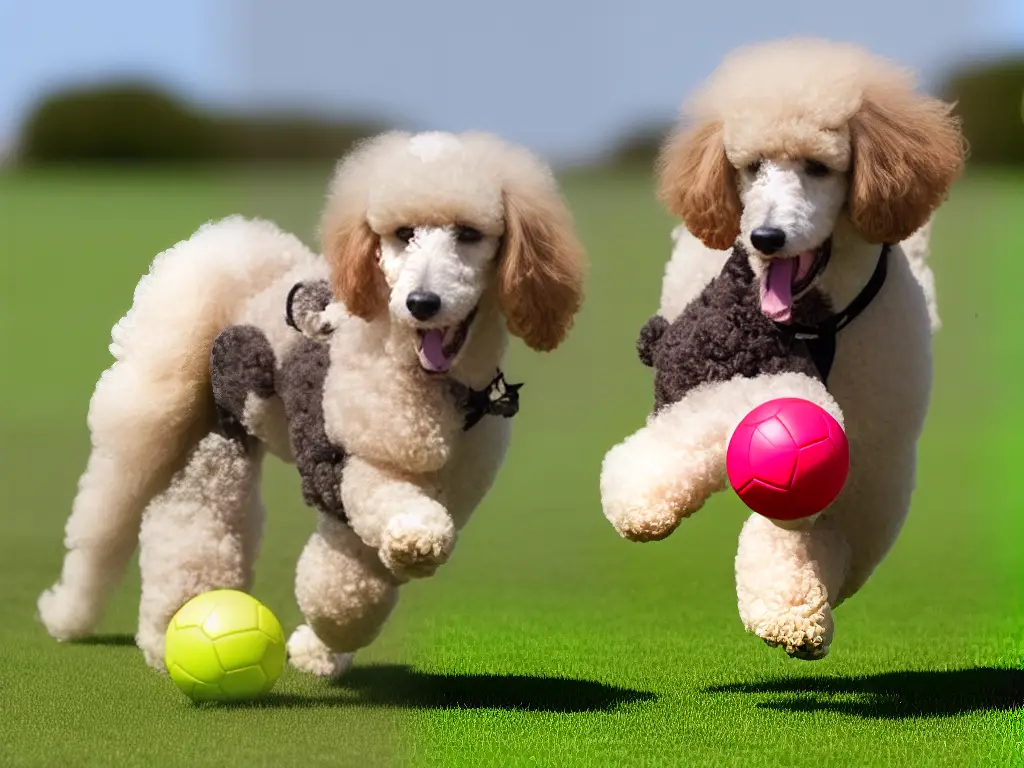 A picture of a poodle happily playing with a ball in its mouth.