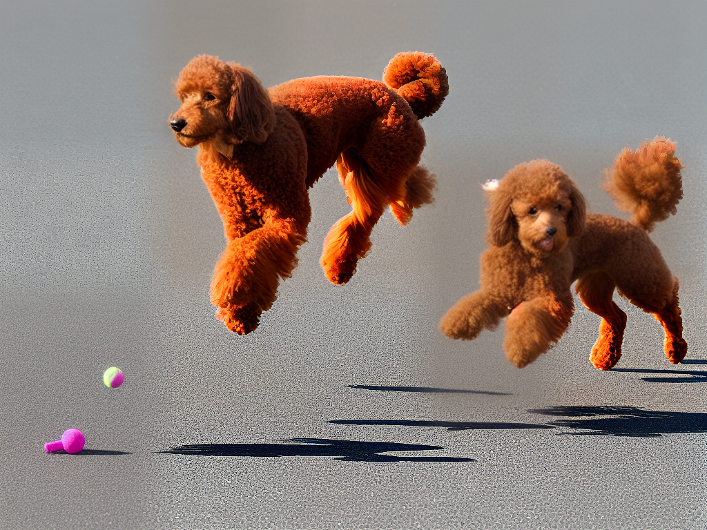 A brown poodle running to retrieve a tennis ball