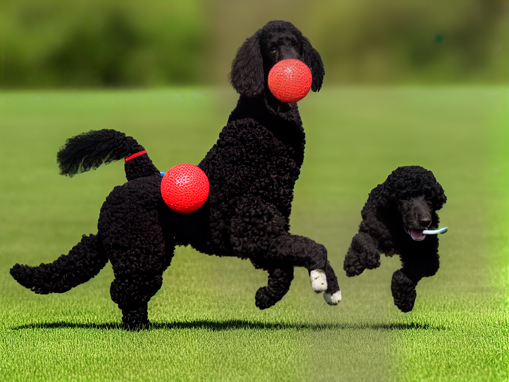 A black standard poodle playing fetch in a grassy field with a red ball in its mouth