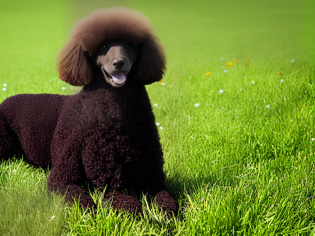 A photo of a happy poodle sitting outside in a grassy area.