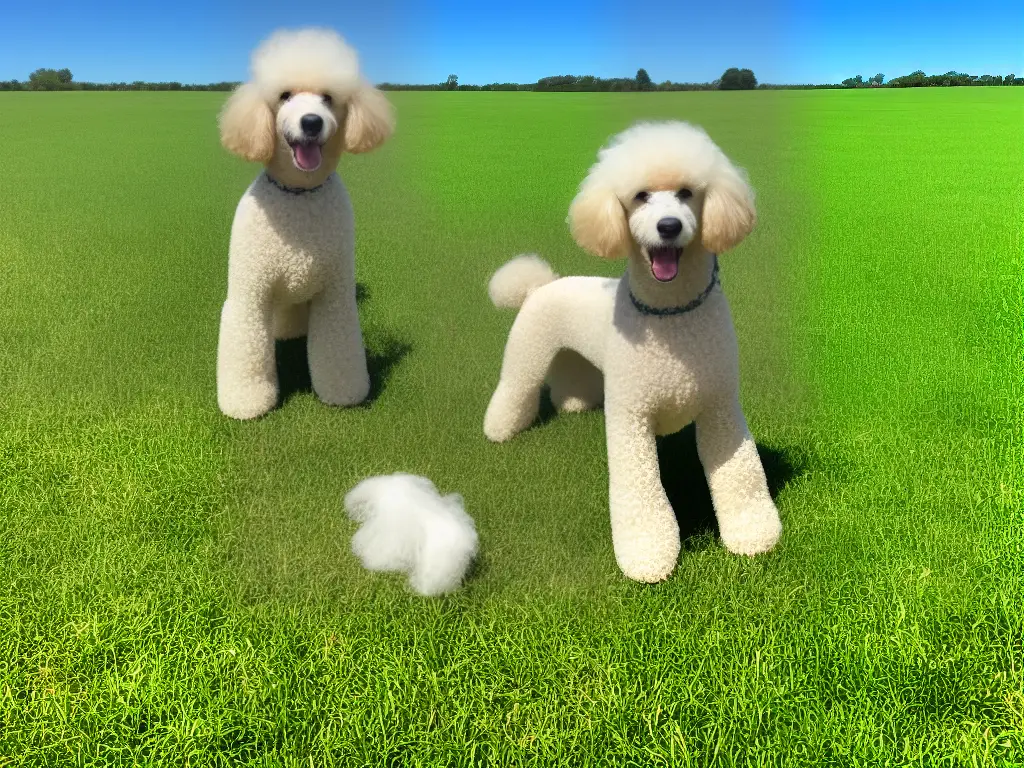 A happy, well-groomed poodle sitting in a green field with a blue sky in the background.