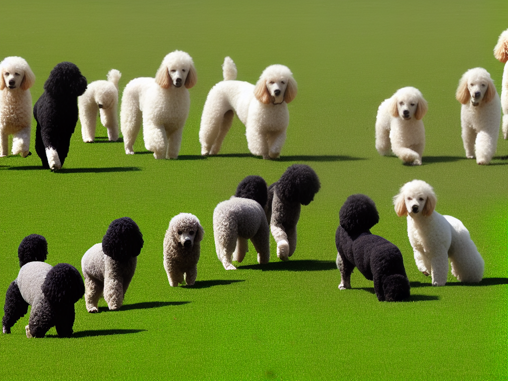 A group of poodles of different colors, sizes, and ages playing together in a grassy field.