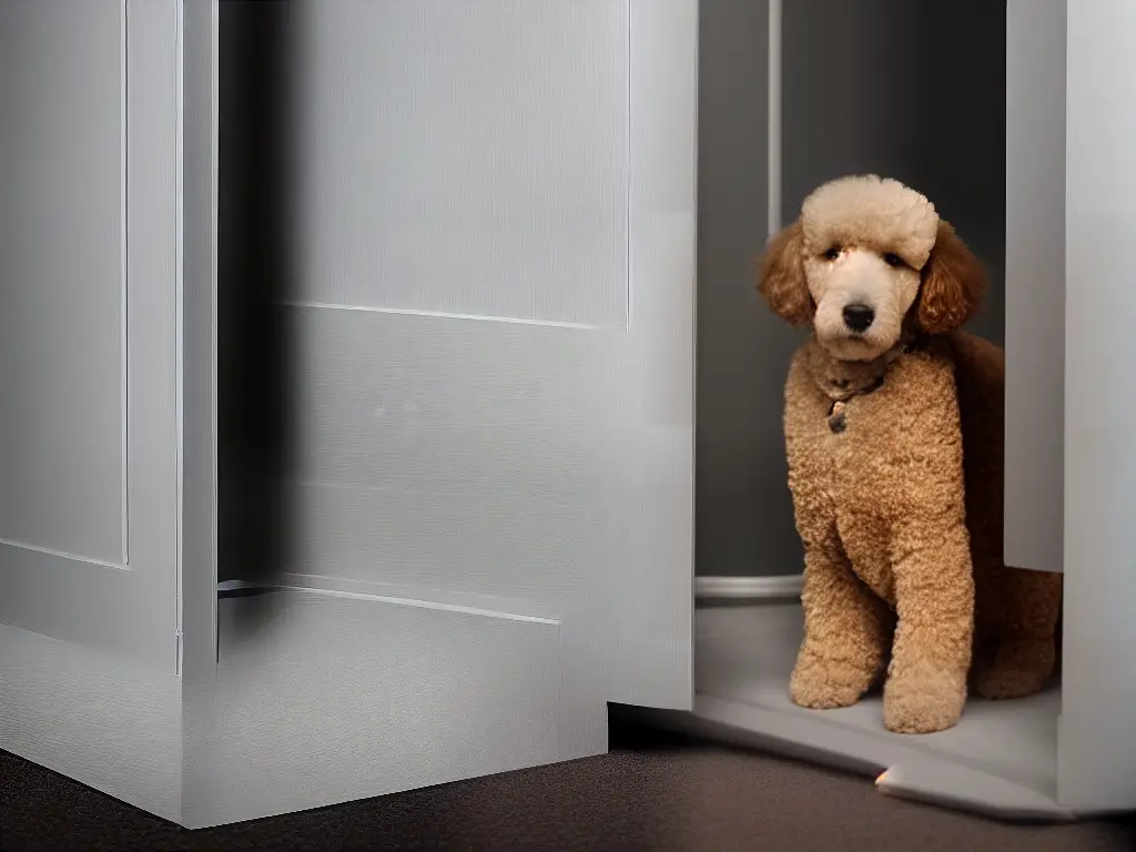 An image of a poodle sitting alone by a closed door looking sad and anxious.