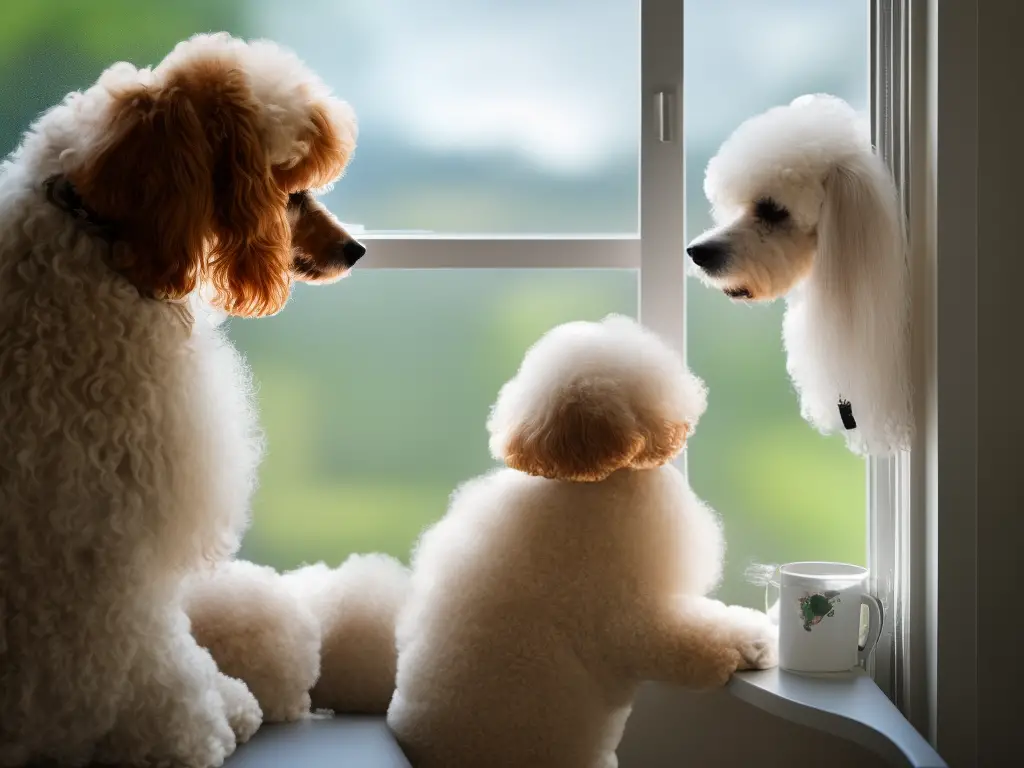 A sad poodle staring out a window while its owner leaves for work.