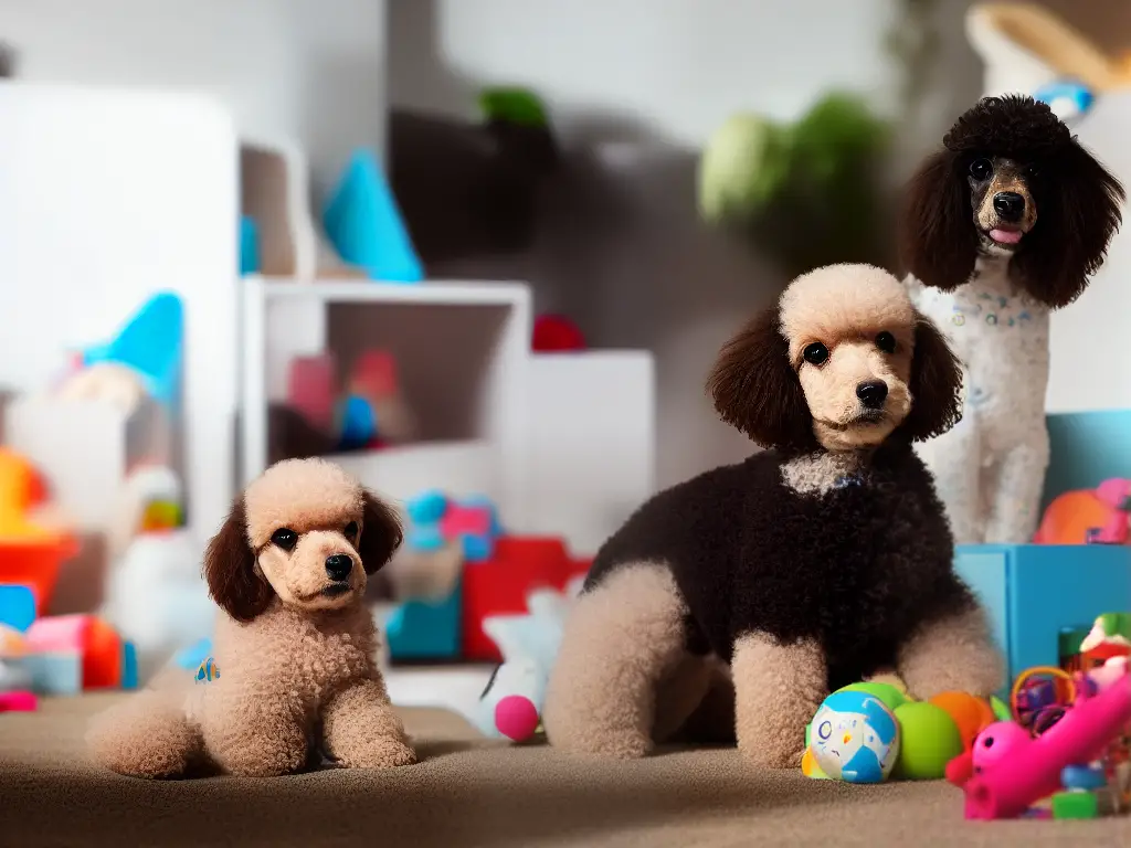 A sad-looking poodle sitting alone in a room with toys scattered around it.