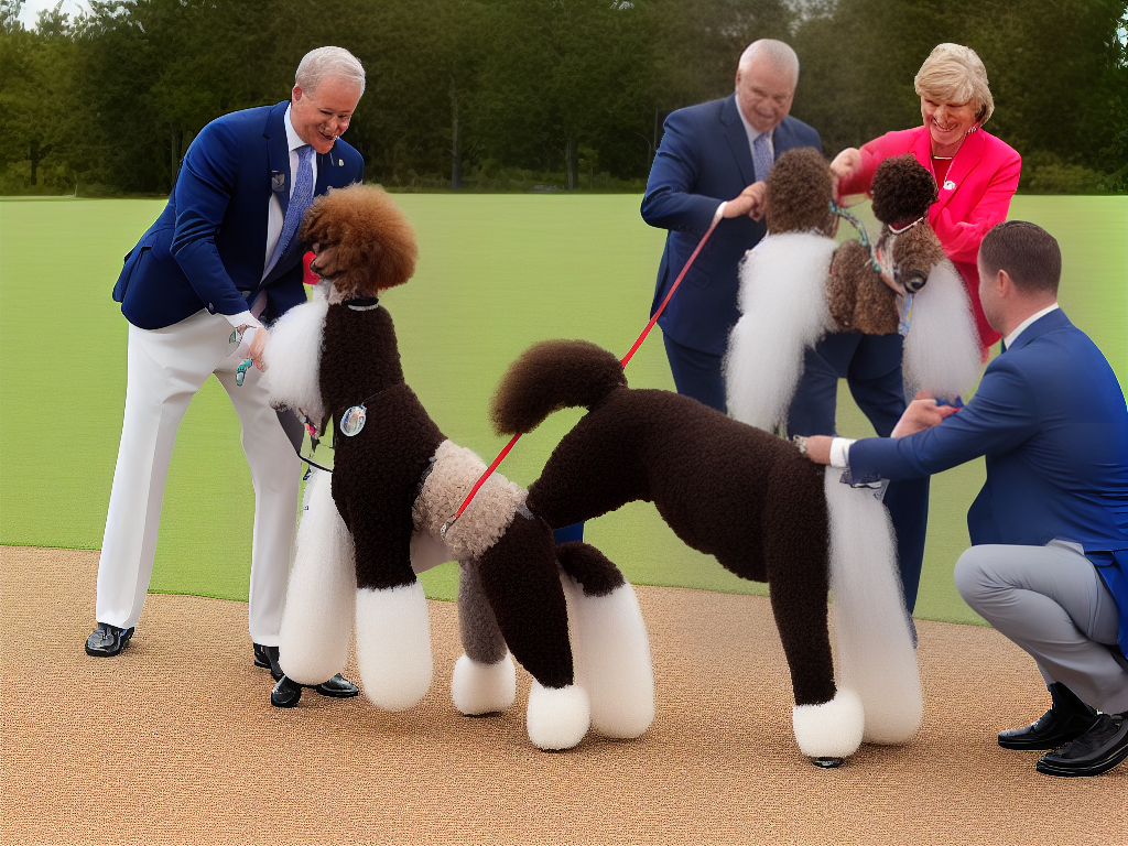 An image of a groomed Poodle showing a proper stance in the dog show ring with its owner.