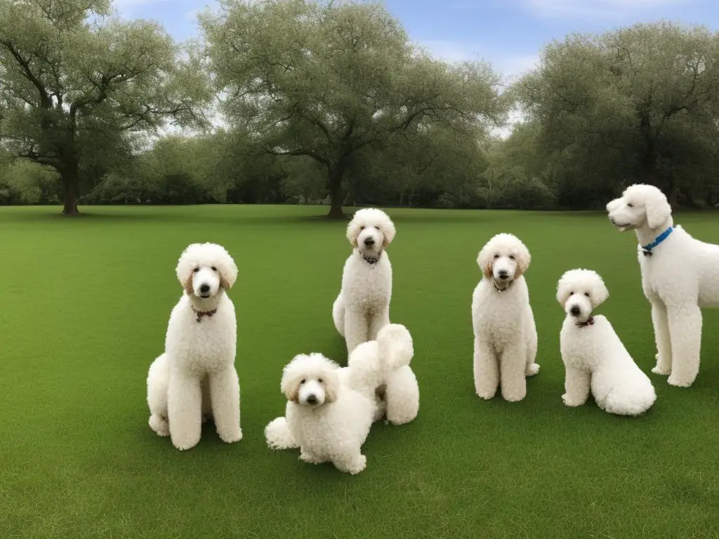 A white standard poodle standing on green grass with trees in the background, a beige miniature poodle and a black teacup poodle sitting together on a white background