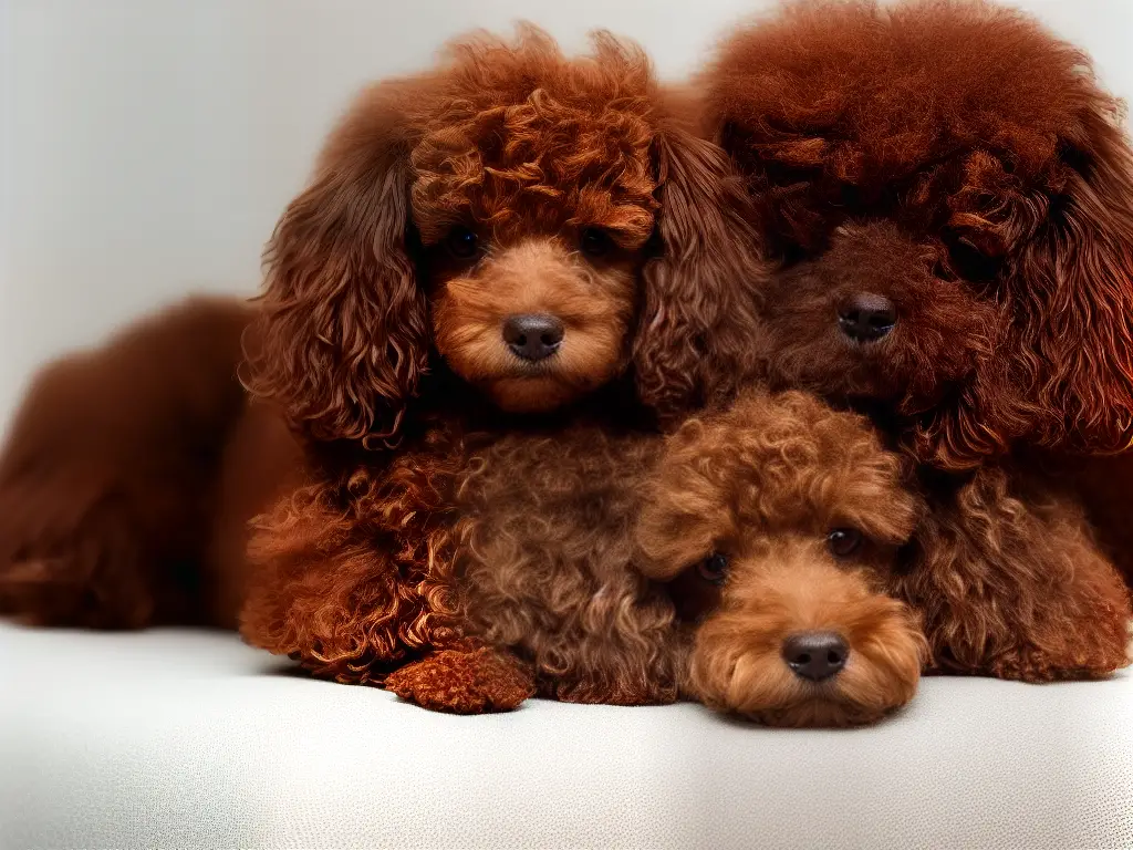 A brown miniature poodle with a big smile and a curly coat, sitting on a couch