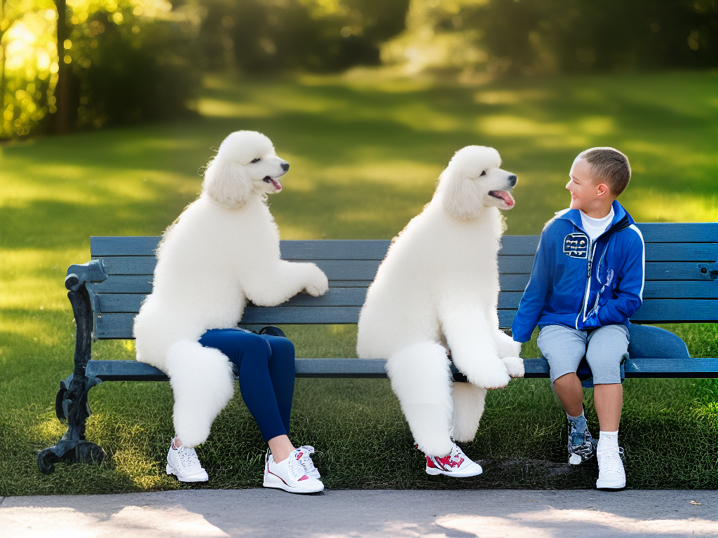 A white poodle sitting on a bench next to a person, being gently petted and looking happy.