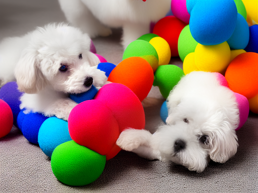 A cute white poodle playing with a colorful toy, representing a happy and healthy pet thanks to the benefits of poodle supplements.