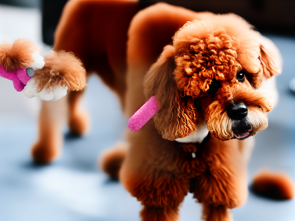 A poodle happily playing with a rubber chew toy