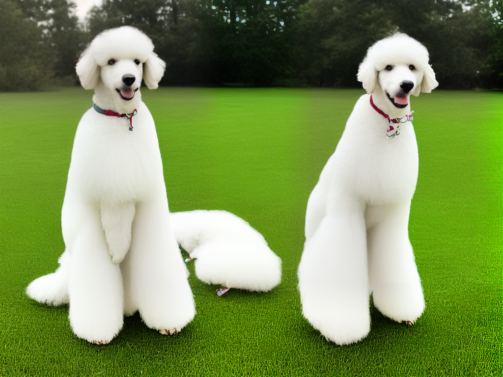 A white poodle sitting on a grassy lawn while learning new tricks