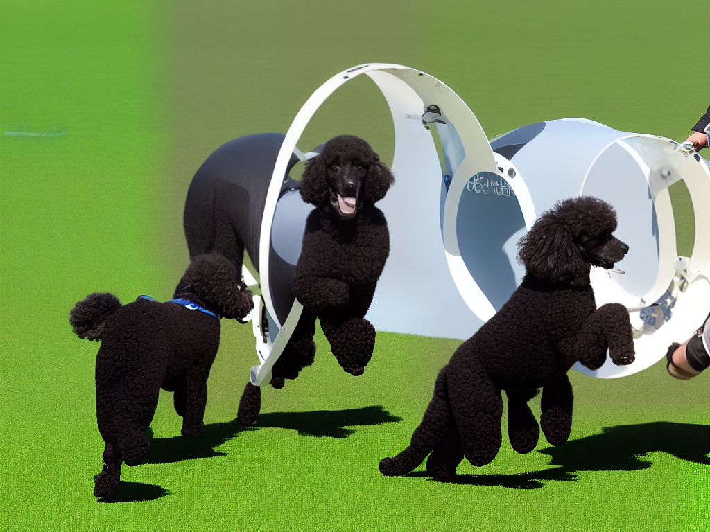 A picture of a poodle going through an agility tunnel with a trainer guiding it.