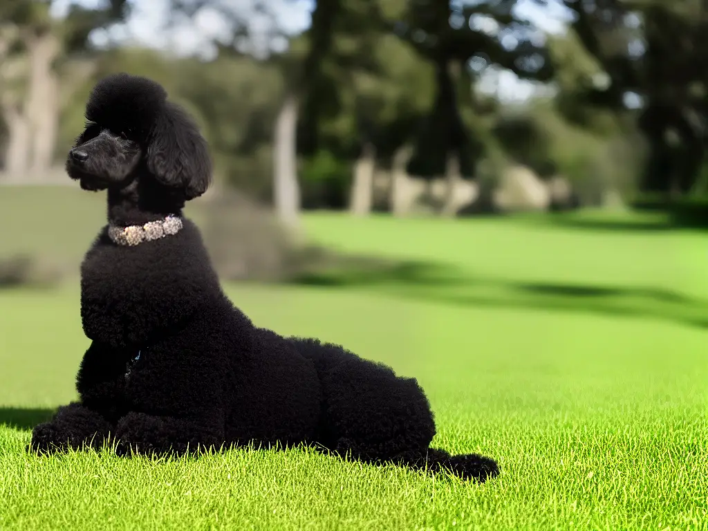 A black poodle sitting on grass, looking at the camera