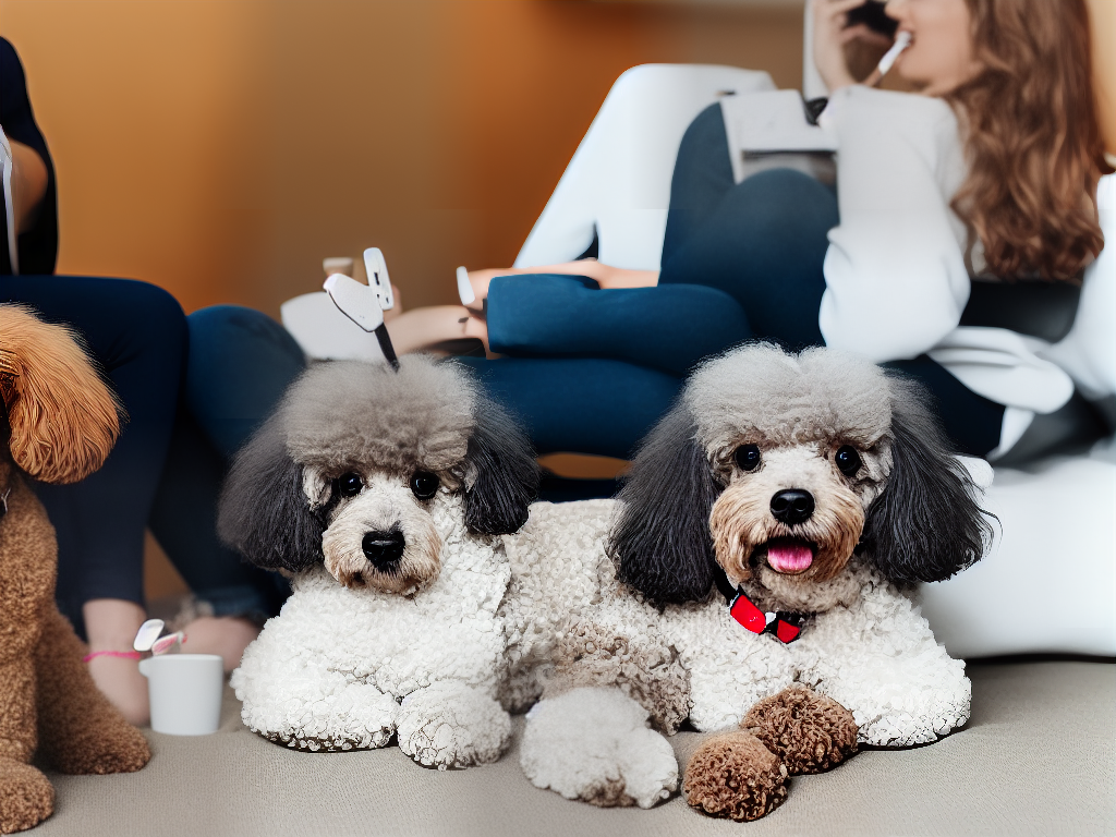 An image showing a poodle sitting next to its owner, who is holding a clicker and treats.