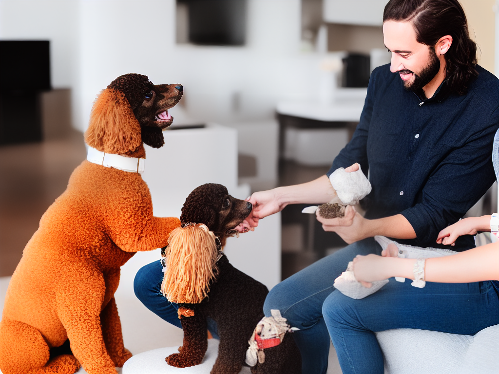 An image of a person teaching their poodle to sit with a treat held above their head.