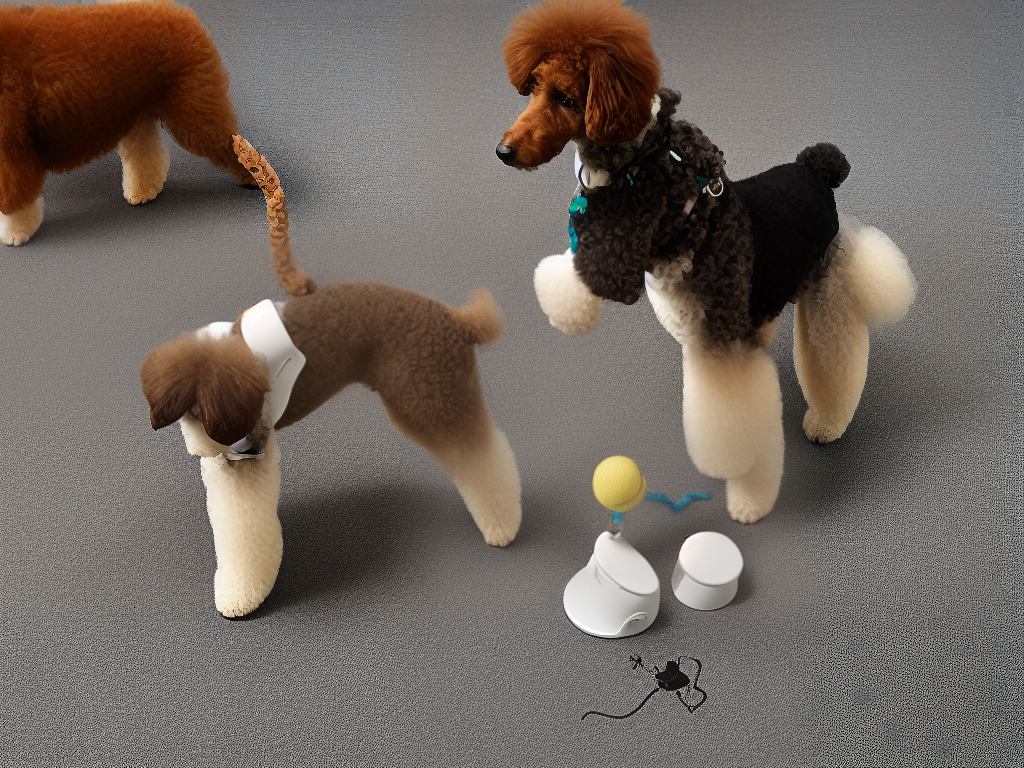 A poodle standing on his hind legs with his paws stretched towards a treat dispenser toy on the floor.