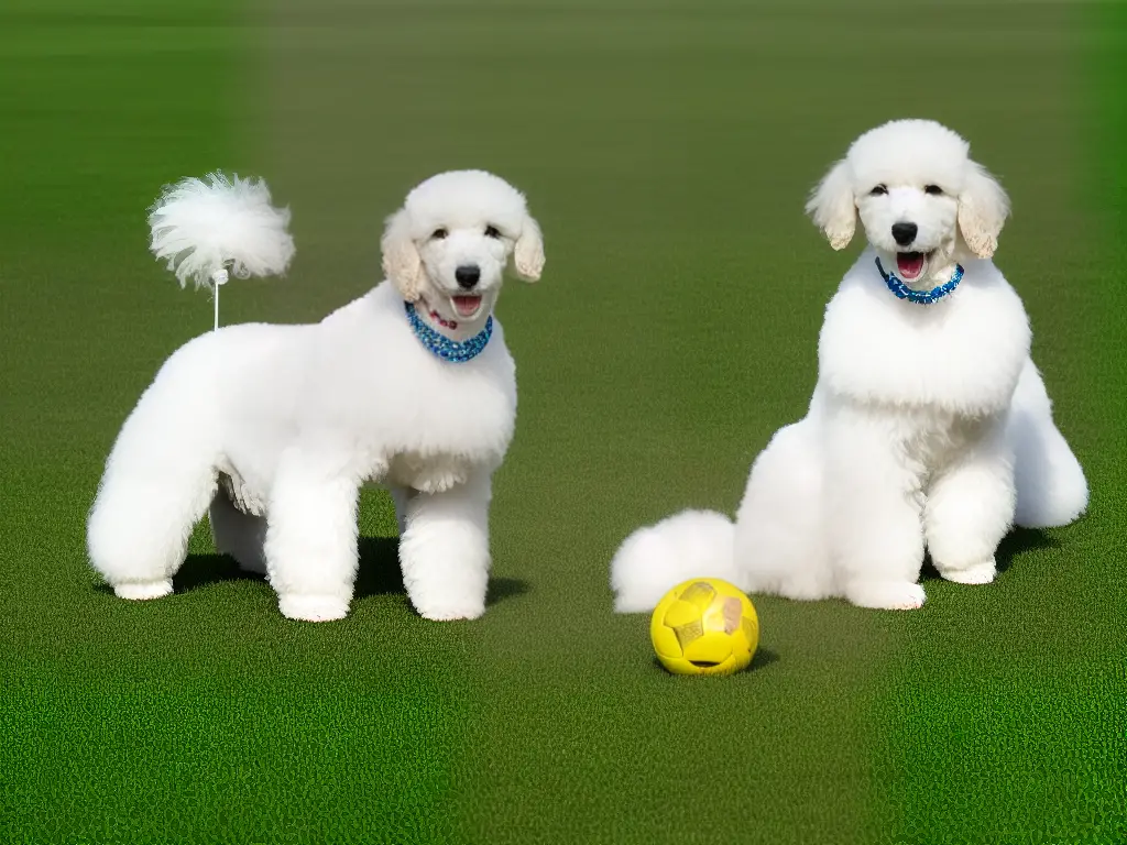 A photo of a white poodle sitting with a ball in his mouth in a park