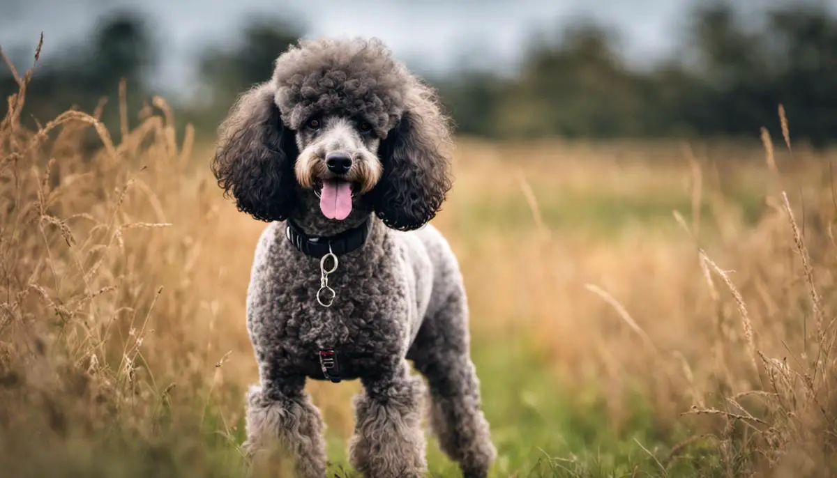 A photo of a Poodle with a curly coat, standing in a field. The Poodle is alert and ready for action, showcasing its hunting traits.