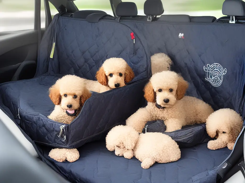 A poodle sitting comfortably in a pet carrier with a portable water bowl, car seat cover, and dog bed/crate nearby.