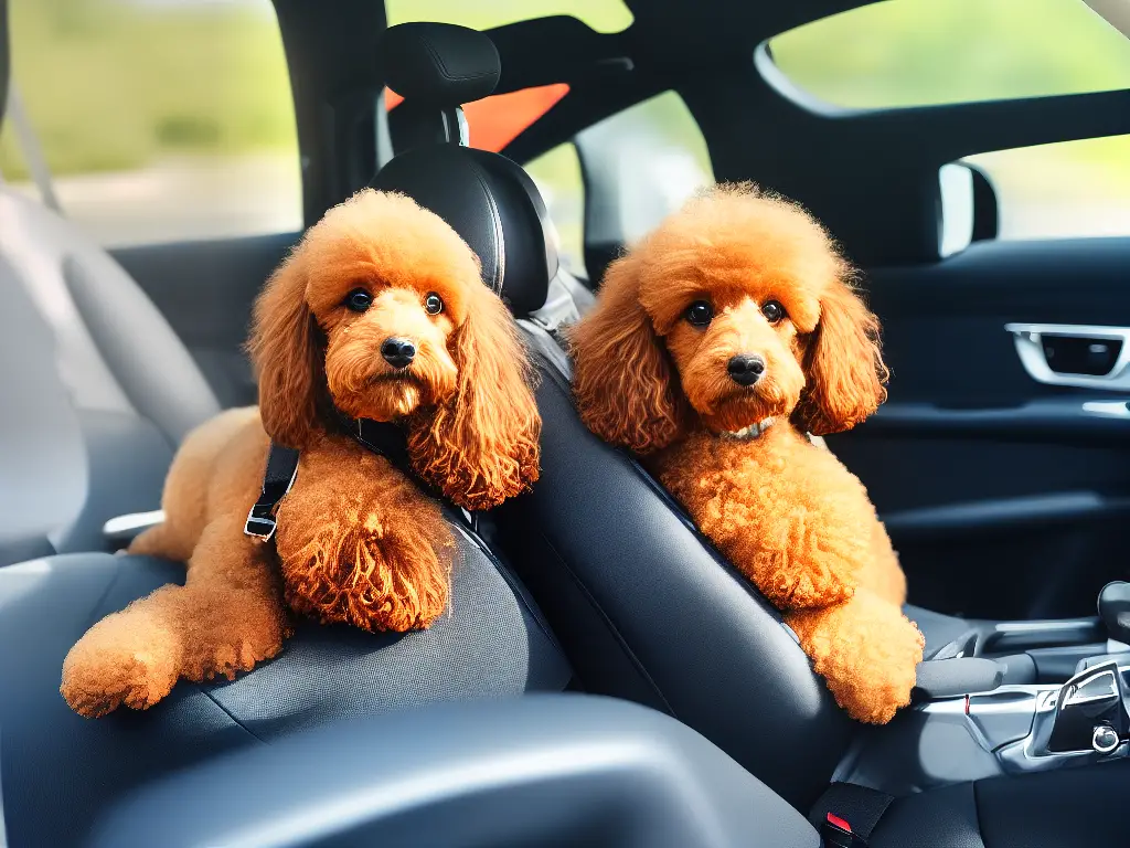 A poodle sitting in a comfortable carrier in a car with its owner driving.