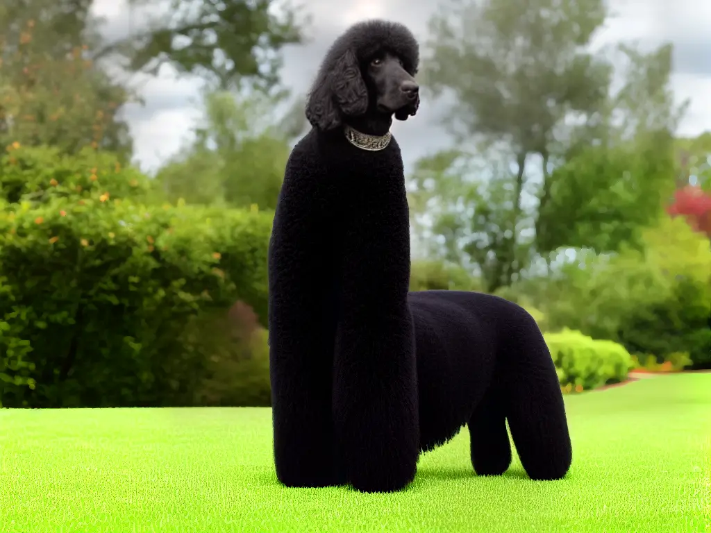 A black standard poodle standing alert on a lawn