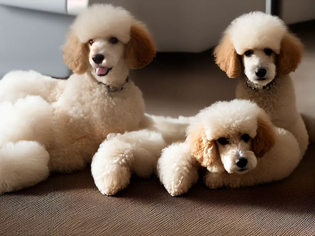 An image of a poodle sitting on a scale with a happy expression, indicating healthy weight management