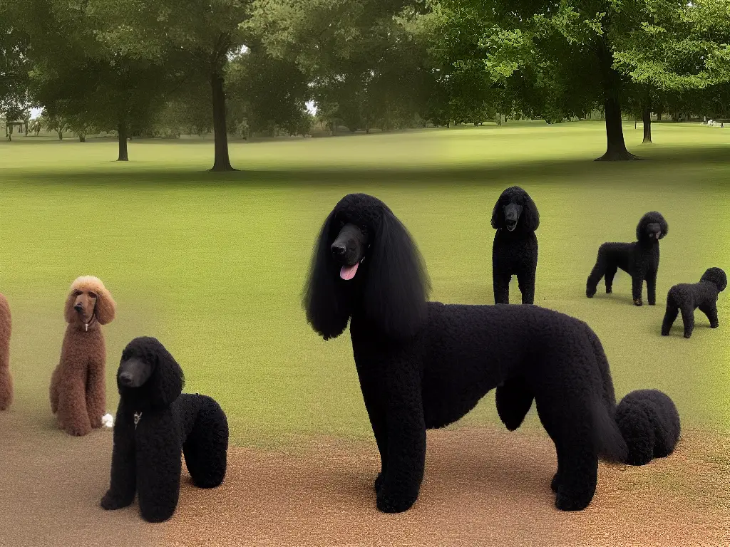 An image of a Standard Poodle sitting at the park with other dogs playing in the background.