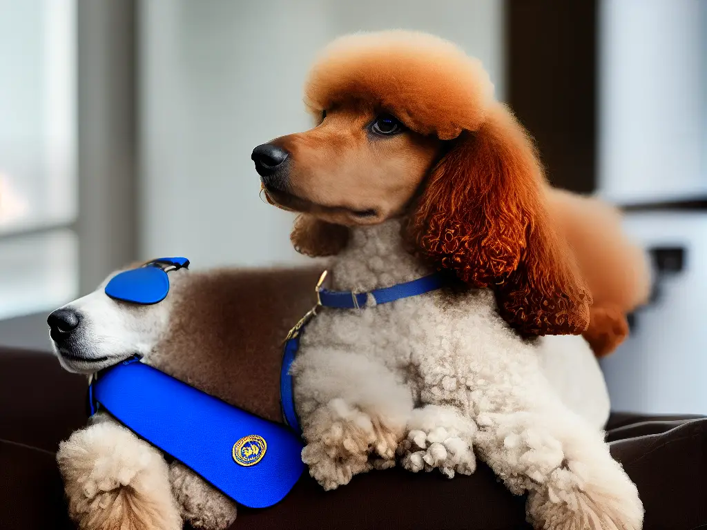 A poodle sitting on a bed, looking out the window with a blue collar around its neck.