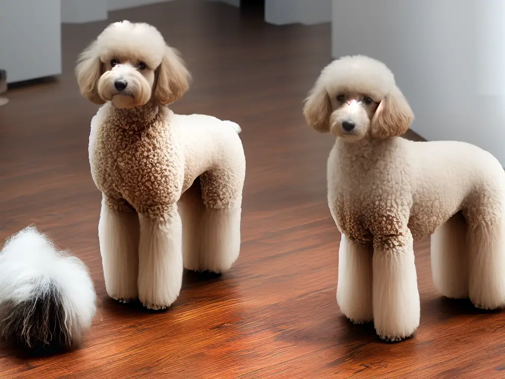 An example poodle with a well-maintained and styled coat, with proper grooming and hygiene, standing on a wooden floor.
