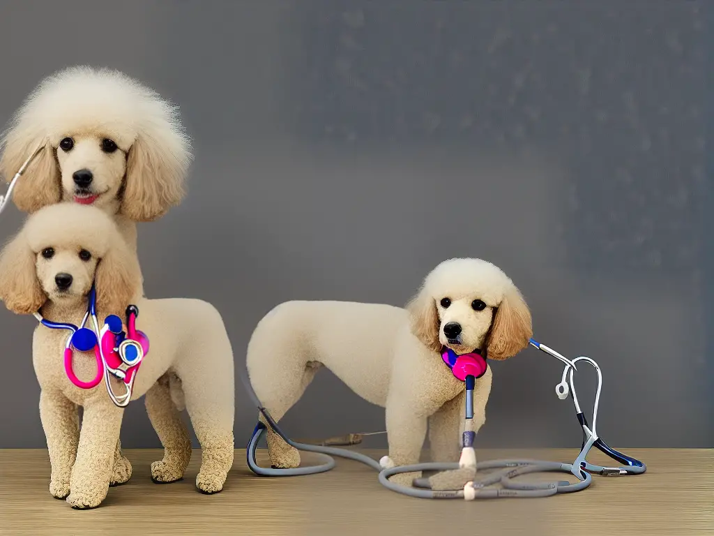 A cartoon drawing of a poodle with a stethoscope around its neck, representing the importance of regular check-ups and early detection of health issues in poodles