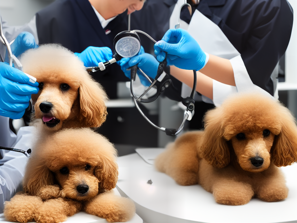 An image of a poodle getting a check-up at the veterinarian's office to highlight the importance of regular health checkups for poodles.