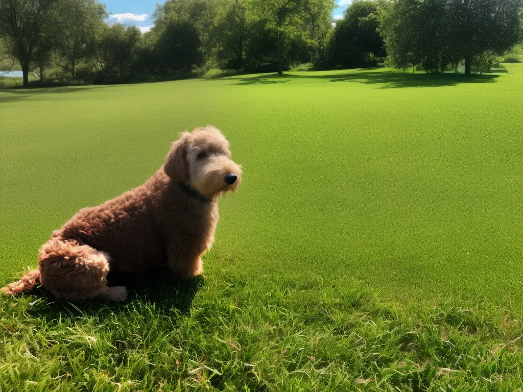 A picture of a brown and white Labradoodle sitting outside on green grass with trees in the background.