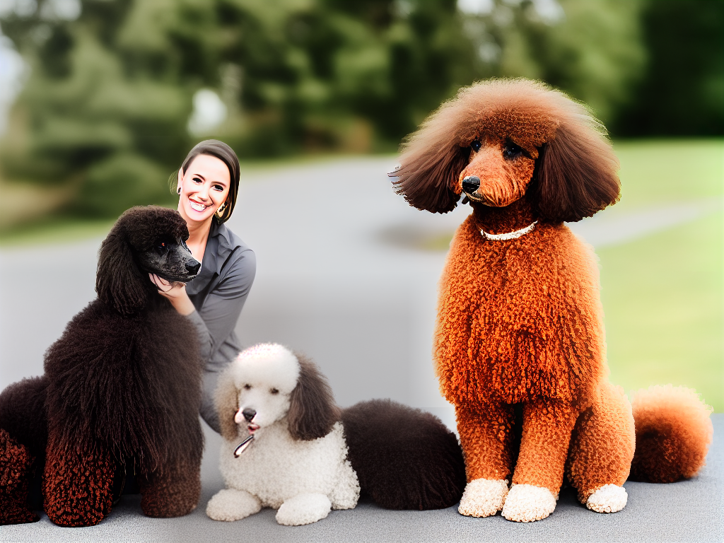 An image of a happy poodle sitting with its owner after a successful training session