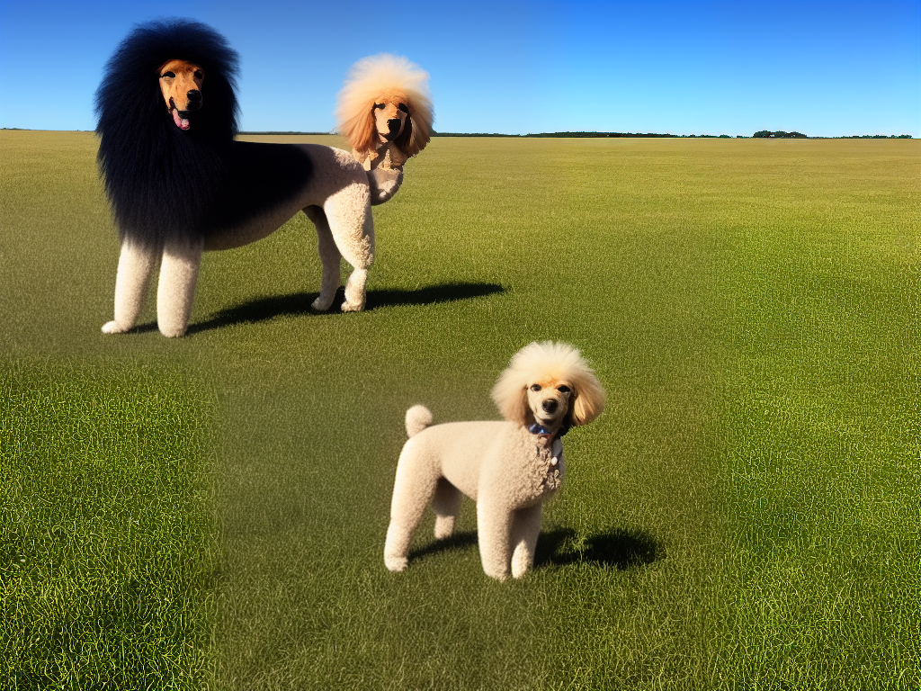 An example of a poodle with a lion cut, showing the poodle's body shaved close to the skin and the longer, fluffy hair on the head, neck, chest, and tail. The poodle is standing in a grassy field with a blue sky in the background.