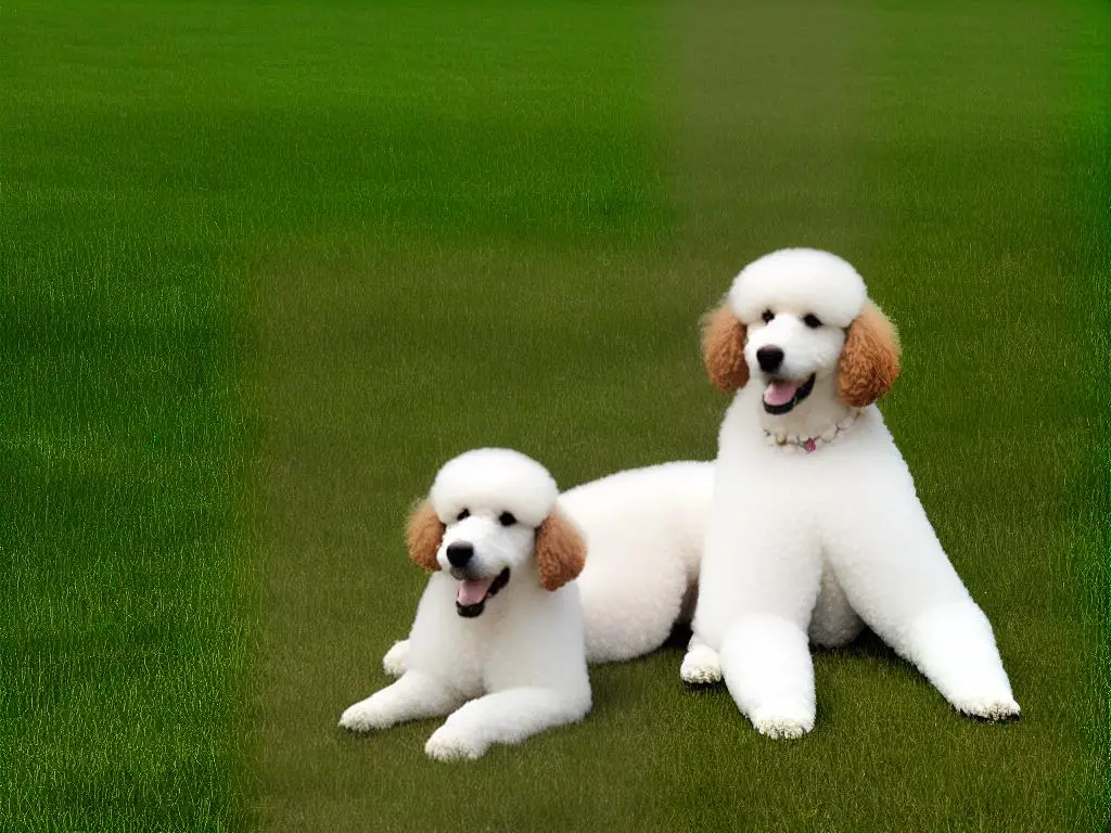 a poodle sitting on a grass field with its tongue out