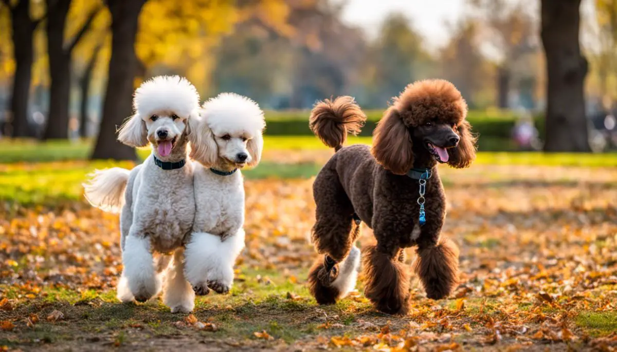 A photo of Poodles of different sizes and colors playing together in a park