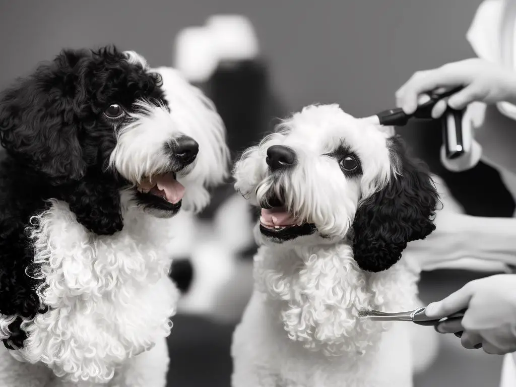 Black and white Poodle being groomed by its owner