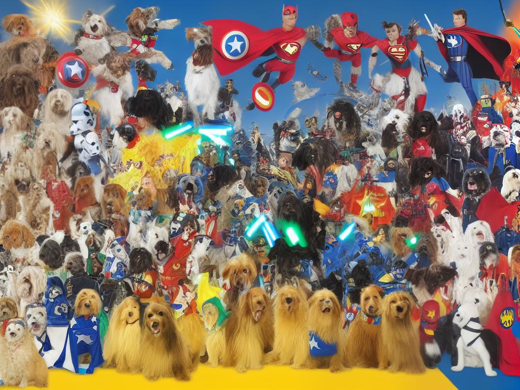 A cartoon picture of dogs with superhero costumes and a Star Wars costume in a pop art style