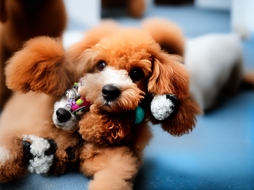 An image of a poodle mix sitting calmly, with a hand holding a toy and another hand pointing to the toy. The background is blurred out, and the focus is solely on the dog and toy.