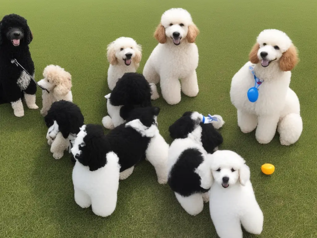 An image of a poodle mix sitting with its owner and sharing a toy with another dog to show that socialization can help curb possessive behaviors.