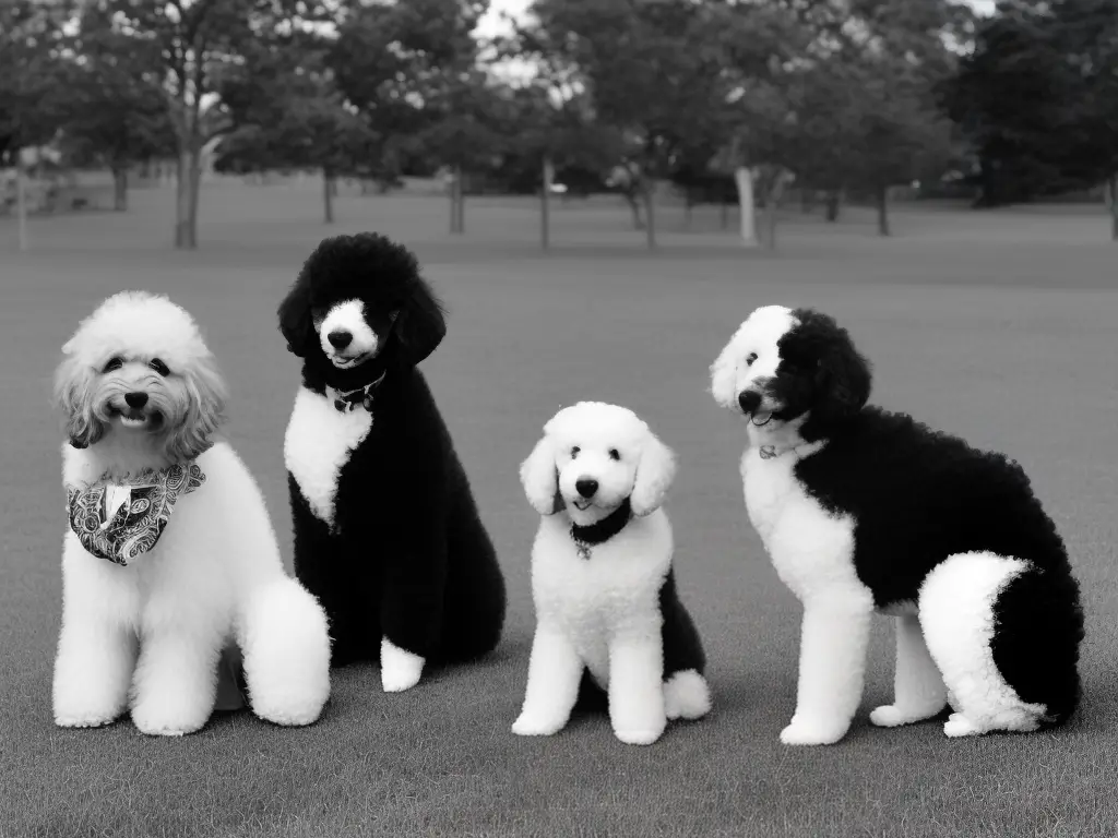 A black and white image of a poodle mix sitting obediently next to its owner, who holds a ball and looks down at the dog with a loving smile.