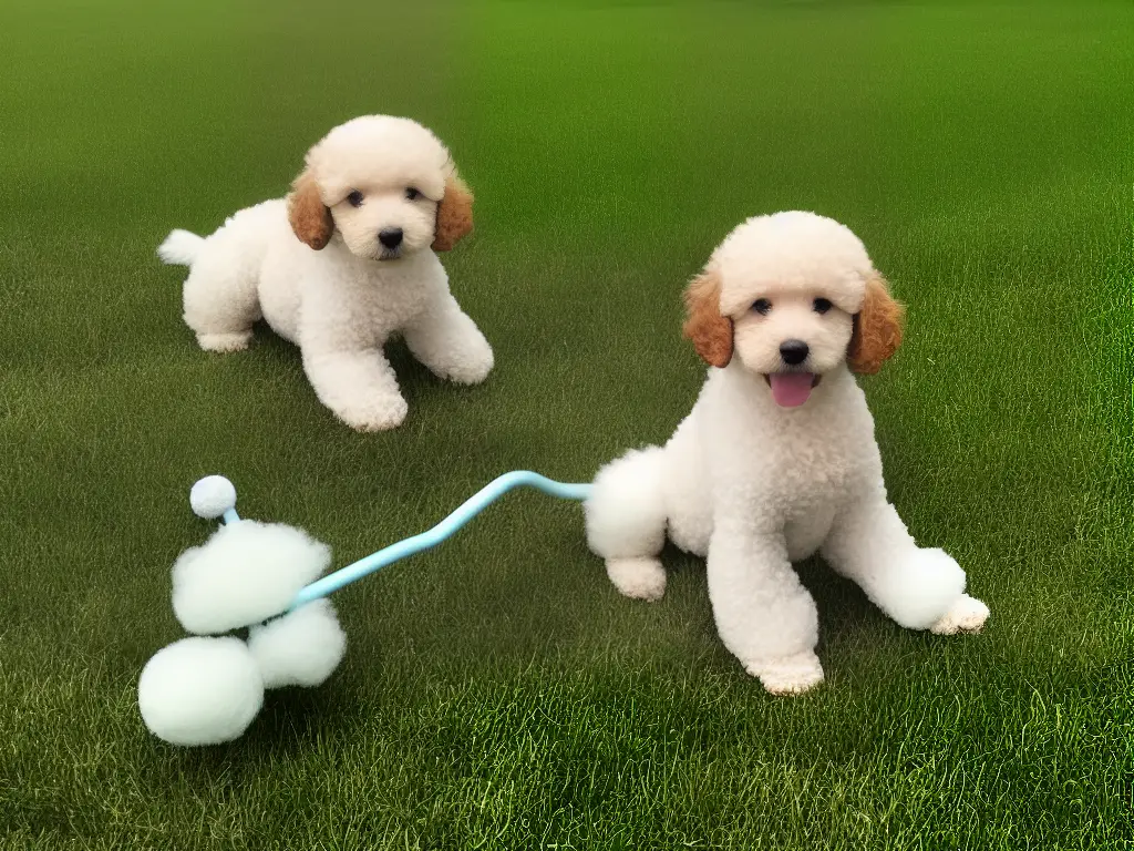 A photo of a poodle puppy playing with a toy while sitting in a grassy, park-like setting.