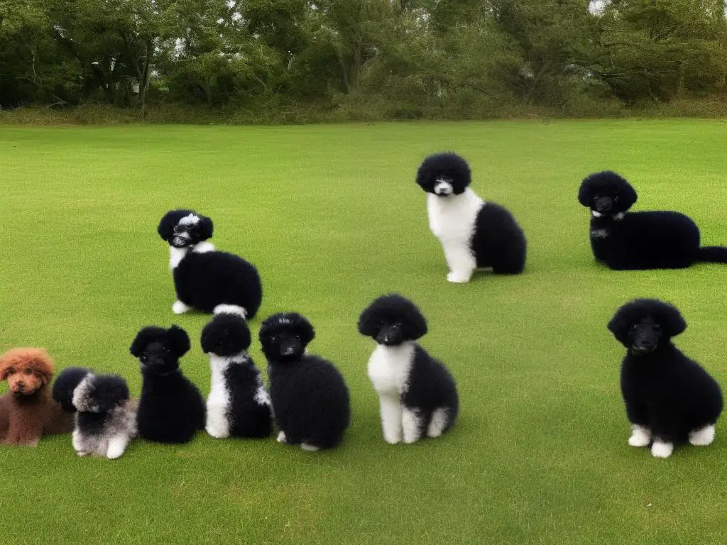 A photo of two teacup poodles with rare colors - one sable with black and brown fur, and the other phantom with a light undercoat and darker shades over their eyes, ears, muzzle, tail, and along their back. There is also a brindle pattern on the body of one of the poodles. Both dogs are sitting on a green lawn with a blue sky in the background.