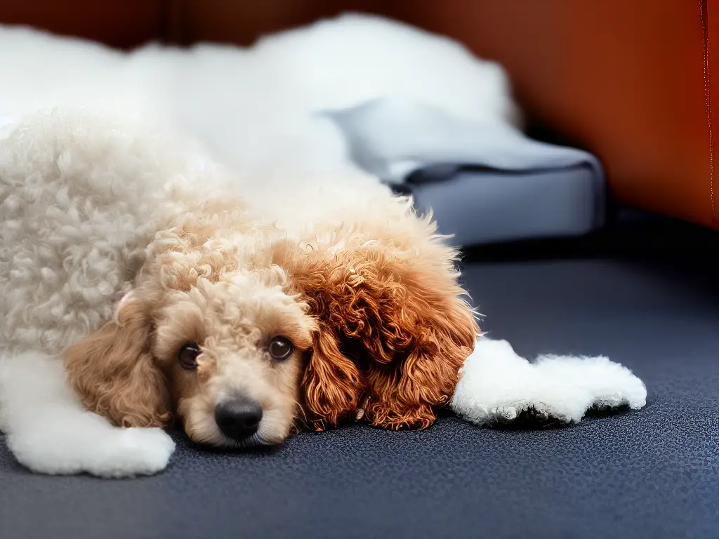 A senior poodle with a white coat laying on a heated orthopedic dog bed with a non-slip ramp close by.