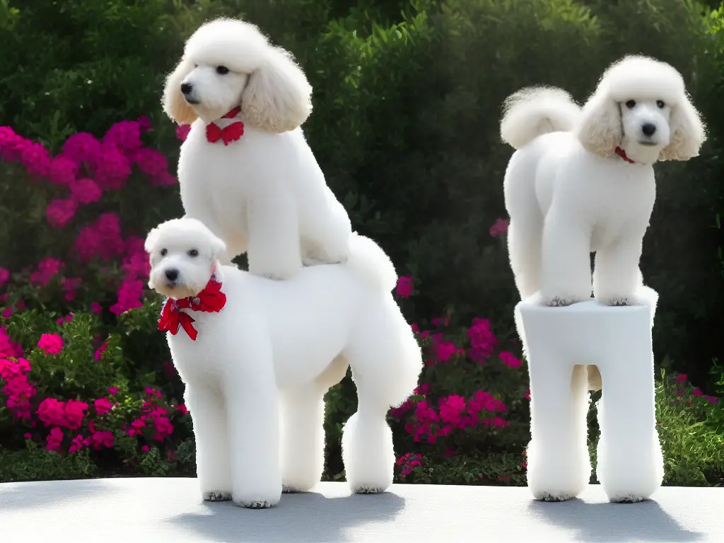 A white poodle standing on a pedestal, with its fur decorated with ribbons and bows. Its eyes are bright and alert, and it looks ready to compete.