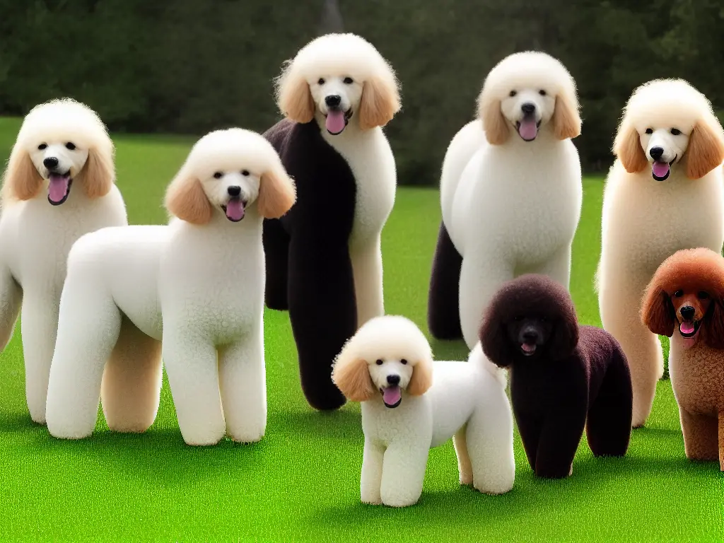 A graphic representing the three varieties of show poodles: the Standard, Miniature, and Toy Poodles, with the corresponding heights and coat colors presented.