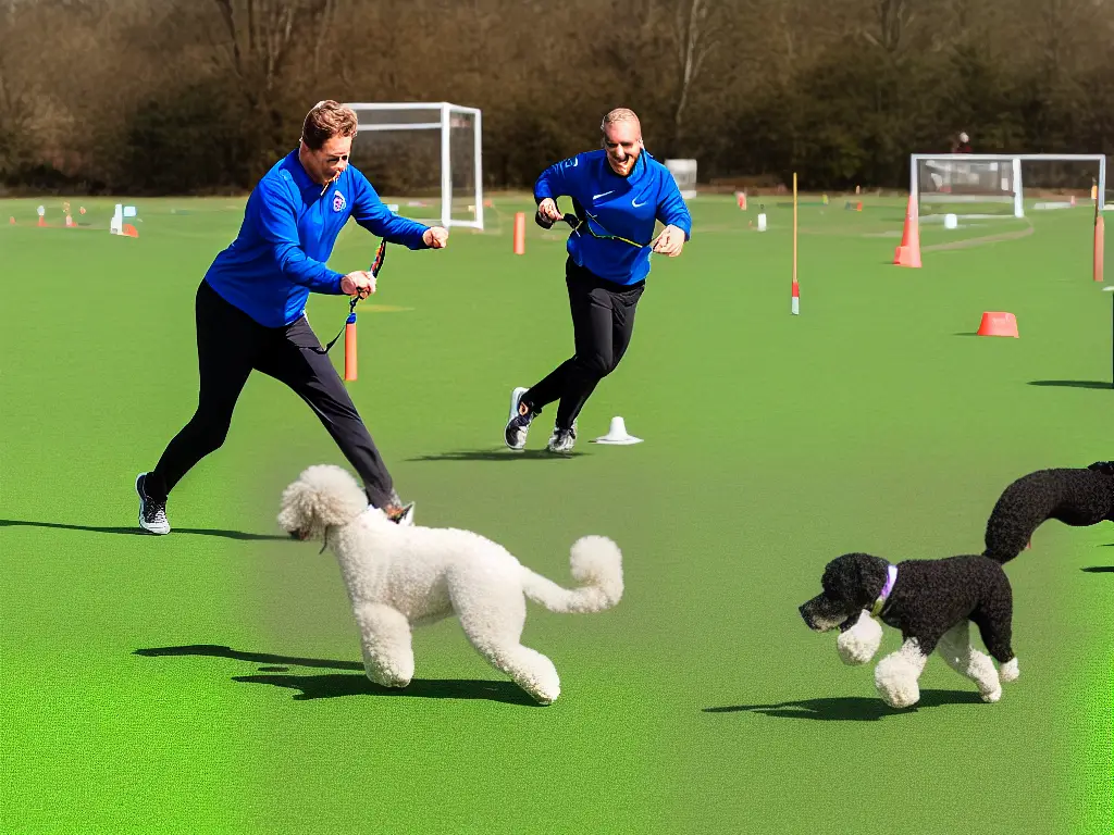 A person training a poodle on an agility course with jumps and tunnels, to showcase the breed's intelligence and athleticism.