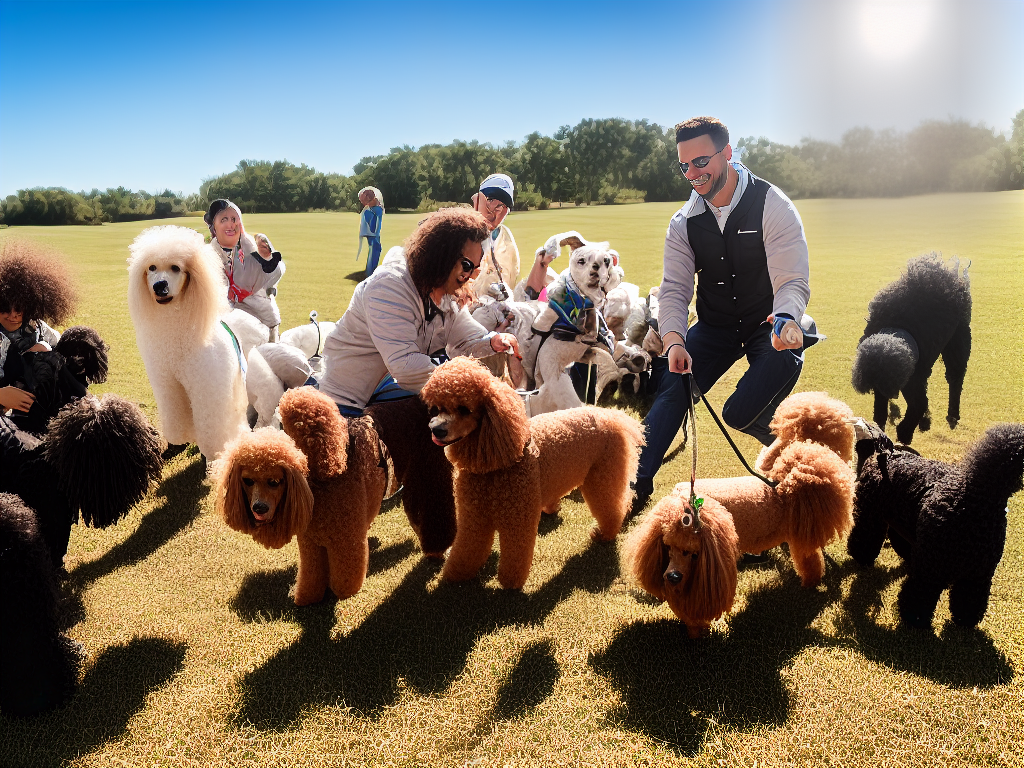 A photo of a well-socialized poodle playing and interacting with a diverse group of people and dogs