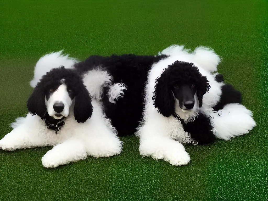 A black and white standard poodle lying down on a green grass lawn.